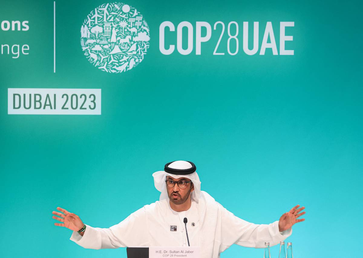 COP28 president Sultan Ahmed Al Jaber speaks during a press conference at the United Nations climate summit in Dubai on December 4, 2023. [KARIM SAHIB / AFP]