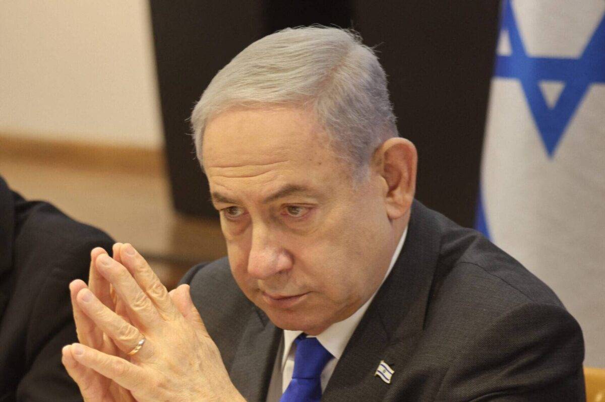 Israeli Prime Minister Benjamin Netanyahu chairs a Cabinet meeting at the Kirya, which houses the Israeli Ministry of Defence, in Tel Aviv on December 17, 2023 [MENAHEM KAHANA/POOL/AFP via Getty Images]