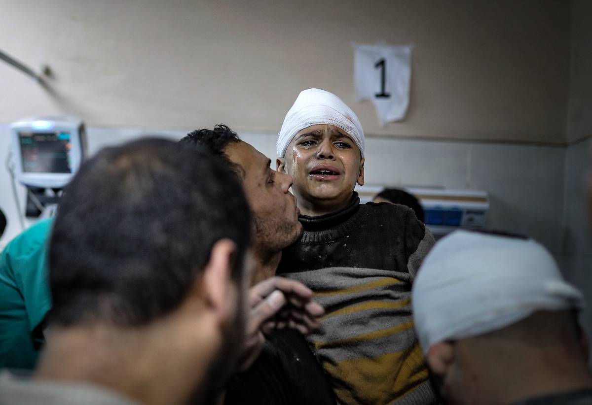 Wounded Palestinian children, are taken to hospital after Israeli attacks on December 23, 2023 in Khan Yunis, Gaza. [Belal Khaled/Anadolu via Getty Images]