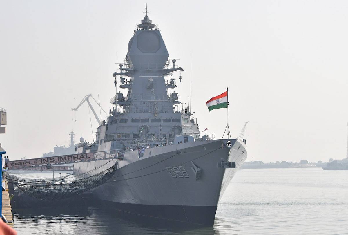 Raksha Mantri Rajnath Singh along with Naval officers on 'INS Imphal', during its commissioning ceremony into the Indian Navy at Mumbai naval base on December 26, 2023 in Mumbai, India. [Bhushan Koyande/Hindustan Times via Getty Images]