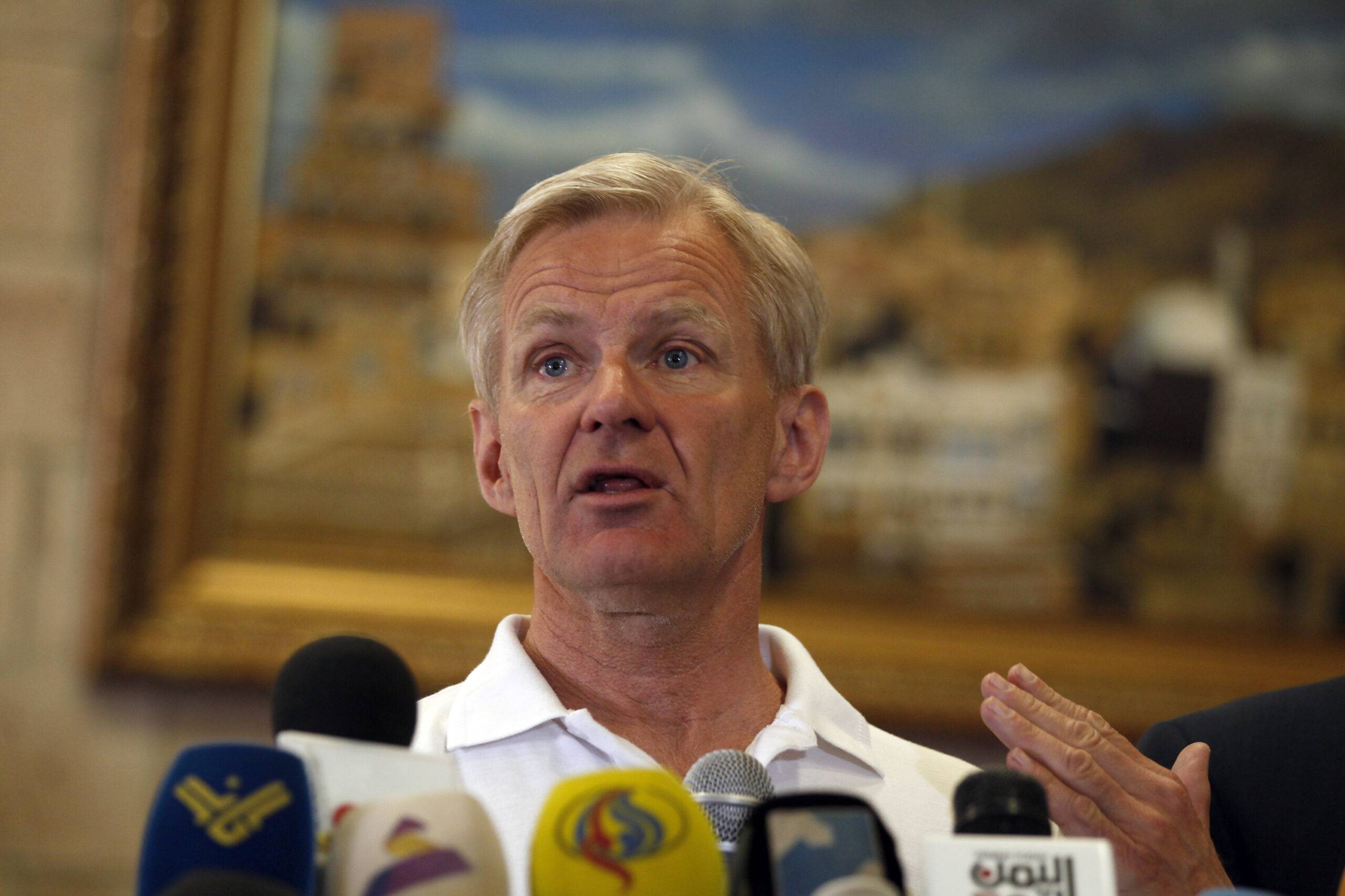 Jan Egeland, Secretary General of the Norwegian Refugee Council gestures during a press conference, in which he spoke about the suffering caused by the war in Yemen more than two years after a Saudi-led intervention, on May 3, 2017 ahead of his departure at Sanaa international airport [Mohammed Huwais/AFP via Getty Images]