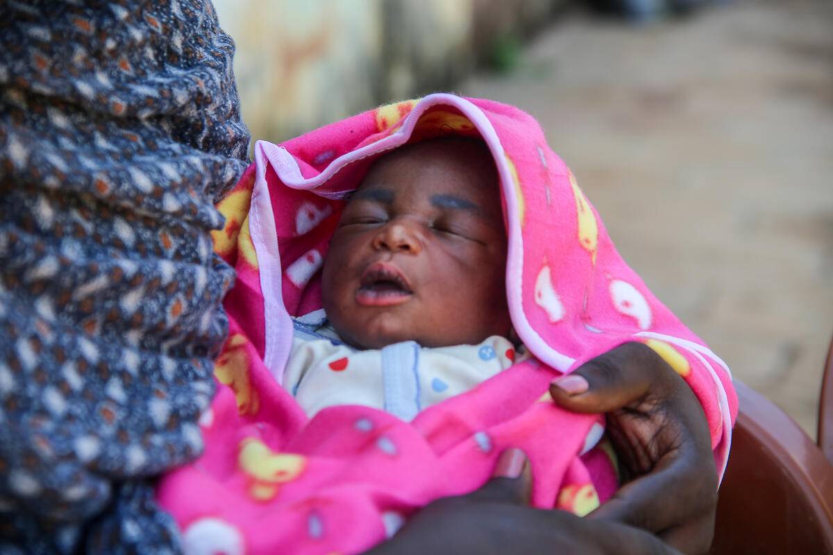 Baby Yaqub, born at a displacement centre in Sudan thanks to support from a Save the Children mobile health clinic on 20 October, 2023 [Mosaab Hassouna/Save the Children]