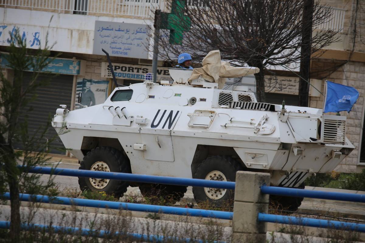 The United Nations (UN) Interim Force in Lebanon patrol the area following the Israeli strike targeted in the town of Houla, Kafr Kila and Talloussa in Nabatieh Governorate, Lebanon on January 21, 2024. [Ramiz Dallah - Anadolu Agency]