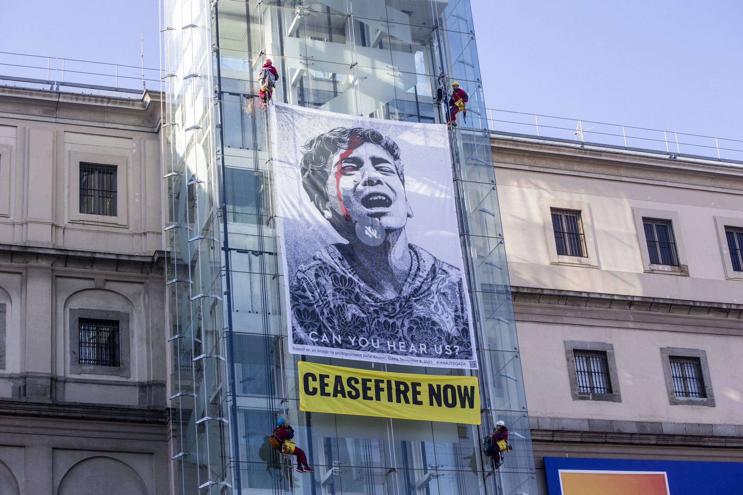 Activists Unfurl Banner At Madrid Museum To Demand Gaza Ceasefire Activists Unfurl Banner At Madrid Museum To Demand Gaza Ceasefire