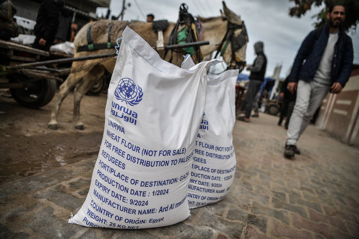 Bags of flour are seen at the area where UNRWA (The United Nations Relief and Works Agency for Palestine Refugees) distributes flour to families as Israeli attacks continue in Rafah of Gaza on January 28, 2024. [Abed Zagout - Anadolu Agency]