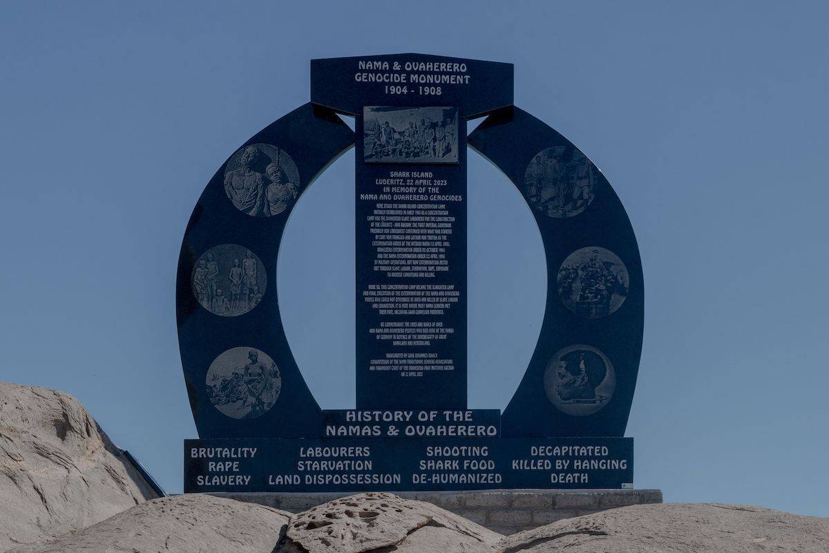 The Nama and Ovaherero Genocide Moemorial site on the Shark Island peninsula near Luderiz, Namibia, is seen in this April 24, 2023 image. German settlers killed tens of thousands of men, women and children belonging to indigenous Herero and Nama people who rebelled against colonial rule in the southwest African country between 1904 and 1908. [HILDEGARD TITUS/AFP via Getty Images]
