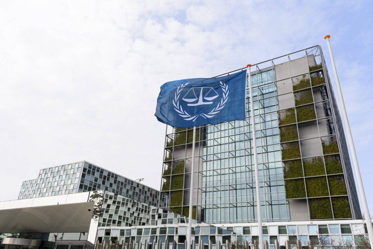 Flag with the logo of the of the International Criminal Court (ICC) on March 29, 2022 in Den Haag, Netherlands [Alex Gottschalk/DeFodi Images via Getty Images]