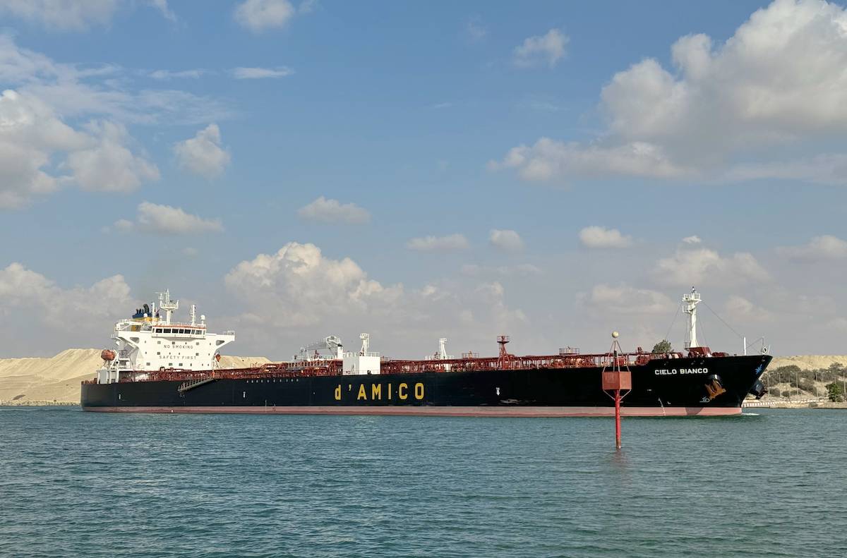 A cargo ship crosses the Suez Canal, one of the most critical human-made waterways, in Ismailia, Egypt on December 29, 2023. [Fareed Kotb/Anadolu via Getty Images]