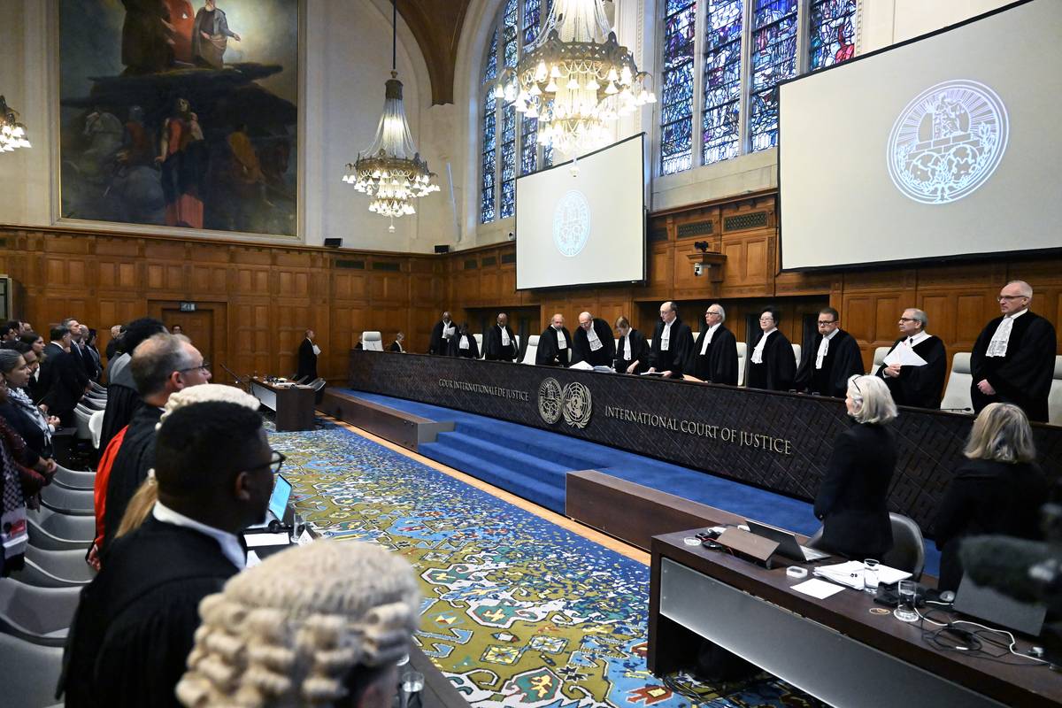 Judges take their seats prior to the hearing of Israel's defense at the International Court of Justice (ICJ) against South Africa's genocide case in Gaza against Israel, in the Hague, Netherlands on January 12, 2024. [Photo by Dursun Aydemir/Anadolu via Getty Images]