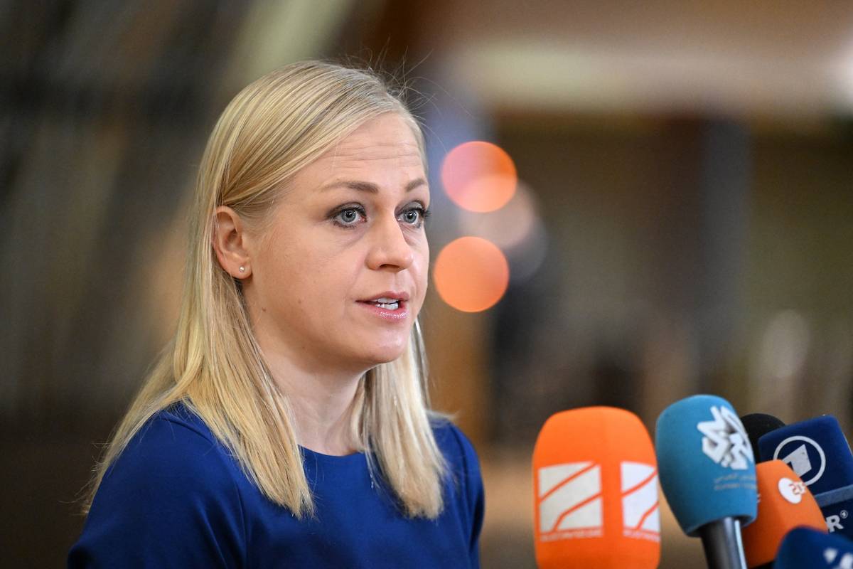 Finland's Minister for Foreign Affairs Elina Valtonen speaks to the media during a Foreign Affairs Council (FAC) meeting at the EU headquarters in Brussels on January 22, 2024. [JOHN THYS/AFP via Getty Images]