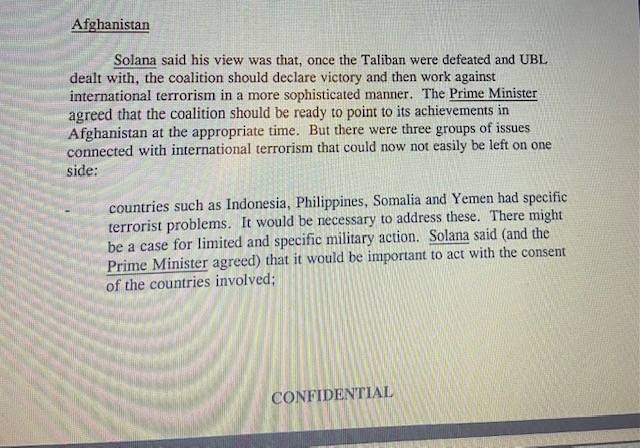 Blair advised taking action in some countries within the international war on terror before an announcement of victory in Afghanistan. [Photo Credit: PRO (Public Record Office)]