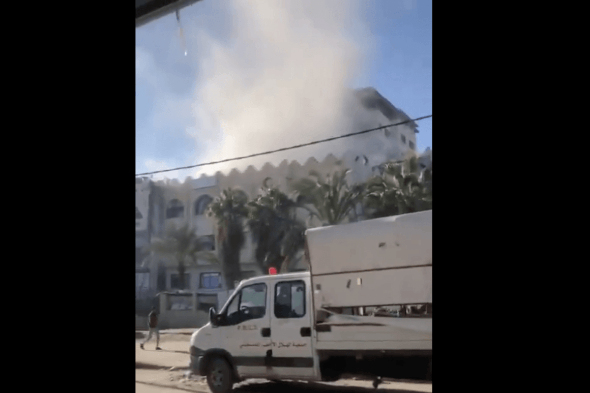 Screengrab from a video showing Israel targeting the Palestine Red Crescent Society HQ building in Khan Yunis, on 4 January 2024 [@PalestineRCS/X]