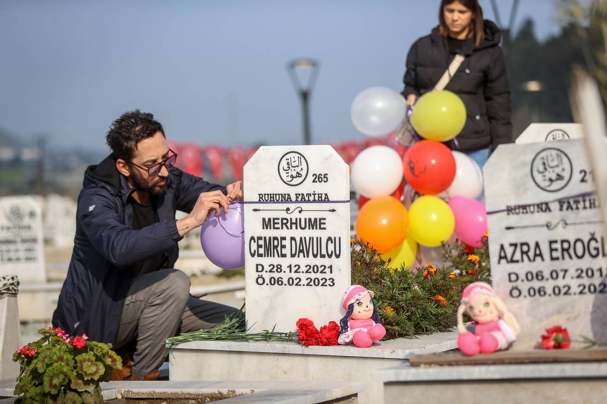 A group gathered at Narlica Earthquake Martyrdom to commemorate the children who lost their lives in the February 6 earthquake, leaving toys and balloons on their graves in Hatay, Turkiye on February 02, 2024. [Sergen Sezgin - Anadolu Agency]
