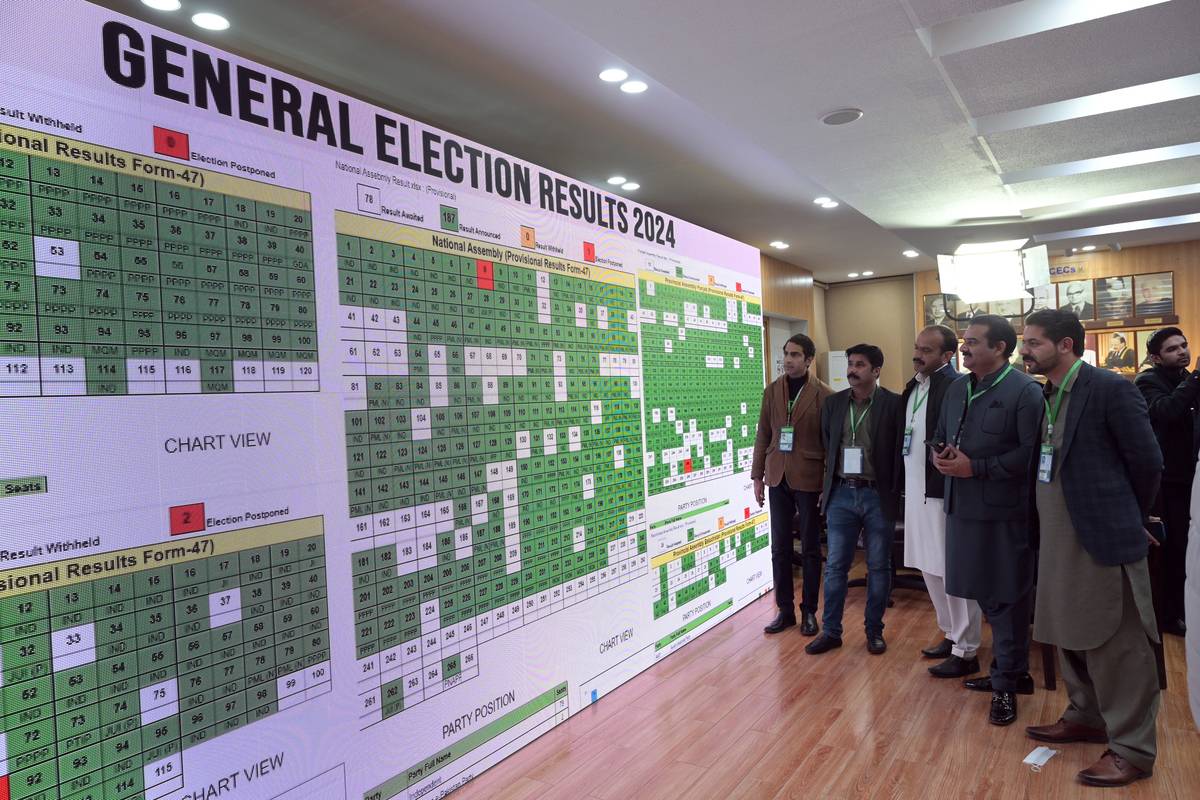 Officers look at the billboard with general election results at Pakistan Election Commission headquarters in Islamabad, Pakistan on February 09, 2024. [Muhammad Reza - Anadolu Agency]