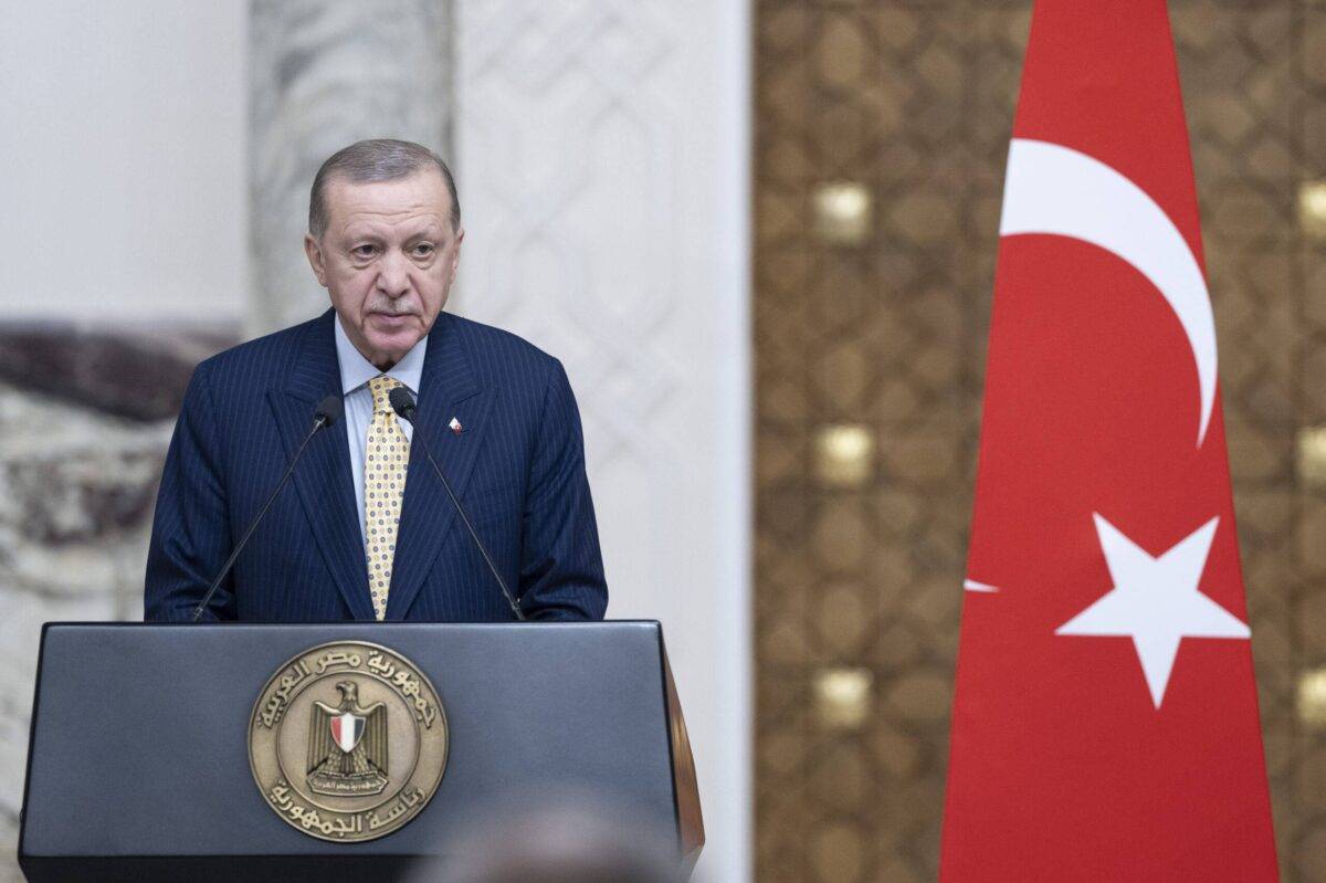 Turkish President Recep Tayyip Erdogan holds a joint press conference in Cairo, Egypt on February 14, 2024 [Utku Uçrak/Anadolu Agency]