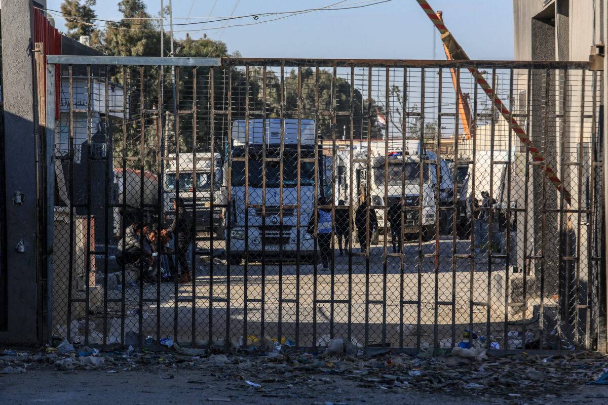 Trucks carrying the aid supplies to Gaza, which have a great importance for the Palestinians, are seen as the number of trucks passing to Gaza through the Karem Abu Salem border crossing has significantly decreased due to the restriction of the Israeli forces as well as the extreme right-wing groups in Rafah, Gaza on February 17, 2024 [Abed Rahim Khatib/Anadolu Agency]