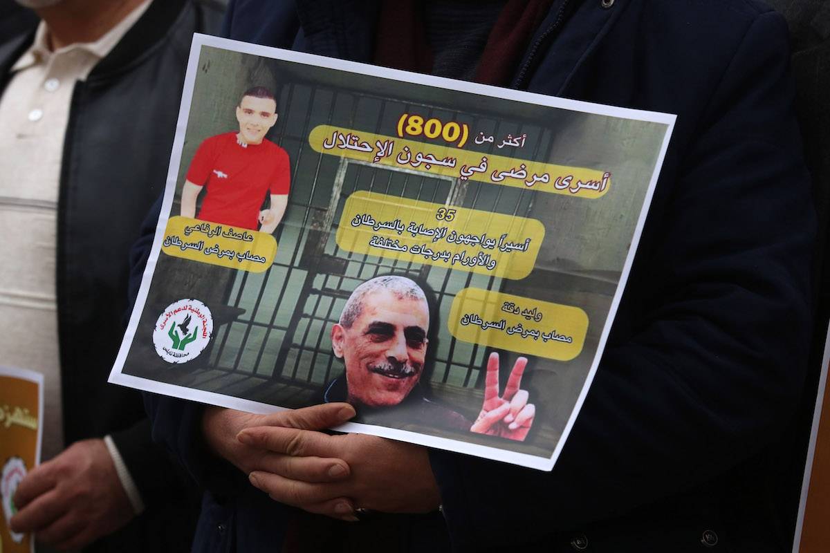 Palestinians, holding photos of their relatives, gather to stage a demonstration on demanding release of the Palestinian prisoners in Israeli jails in Nablus, West Bank on February 20, 2024. [Nedal Eshtayah - Anadolu Agency]
