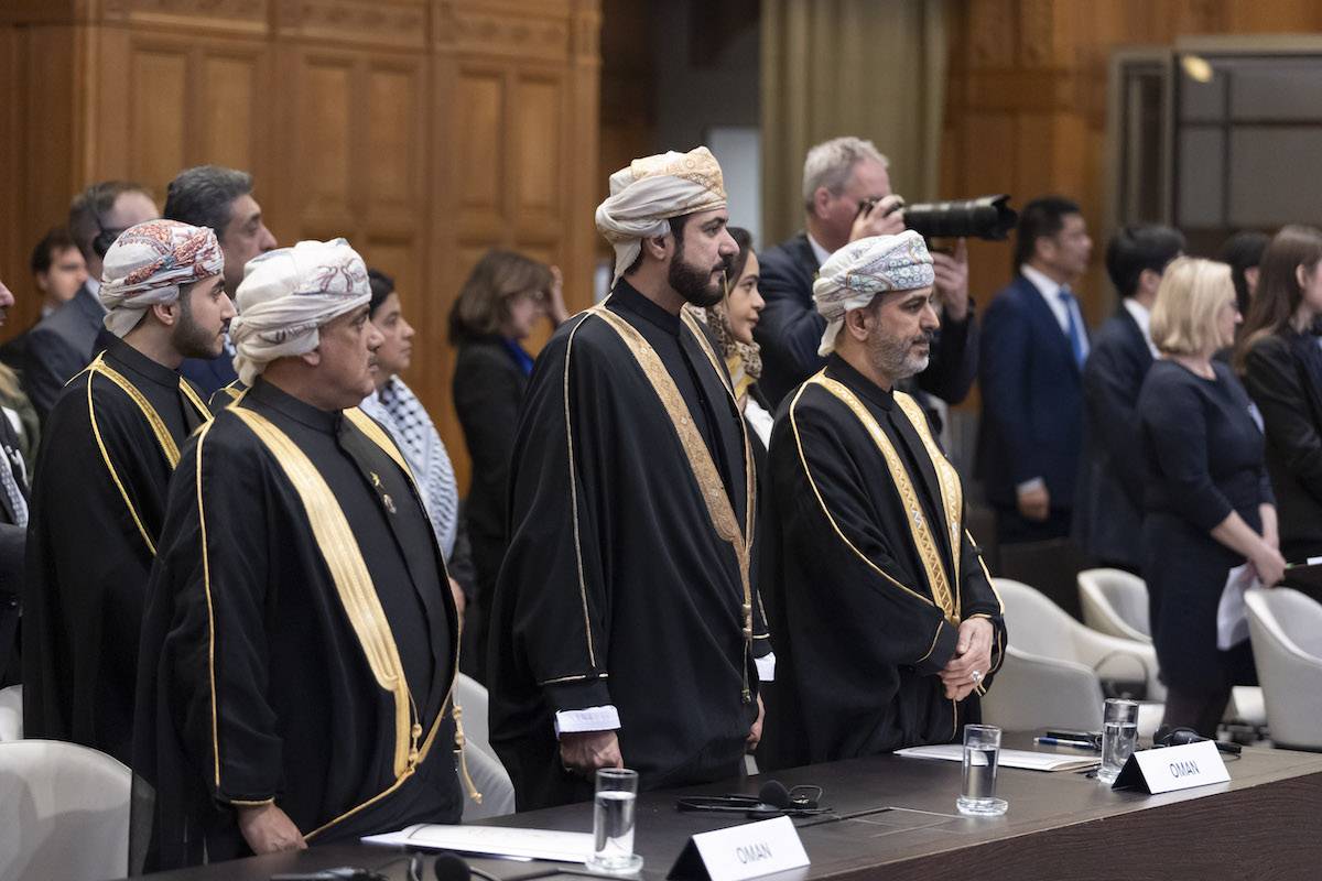 Abdullah bin Salim bin Hamad Al Harthi, Oman's Ambassador Extraordinary and Plenipotentiary to the Kingdom of the Netherlands (R) attends the hearings on the advisory proceedings of the International Court of Justice (ICJ) on the legal consequences of Israel's practices in the Palestinian territories in The Hague, Netherlands on February 23, 2024. [Nikos Oikonomou - Anadolu Agency]