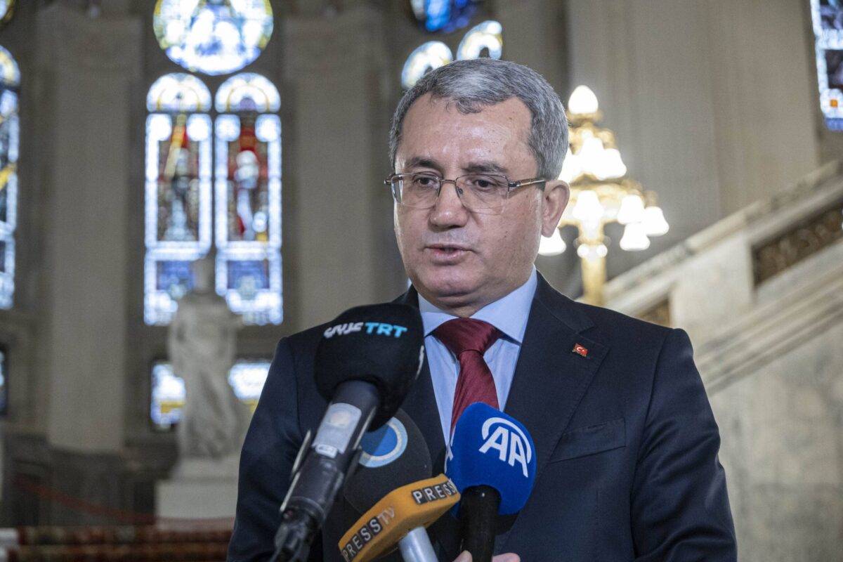 Turkish Deputy Foreign Minister Ahmet Yildiz speaks to press following the hearings to address the legal consequences of Israeli actions in the Palestinian territory at the International Court of Justice (ICJ) in The Hague, Netherlands on February 26, 2024. [Nikos Oikonomou - Anadolu Agency]