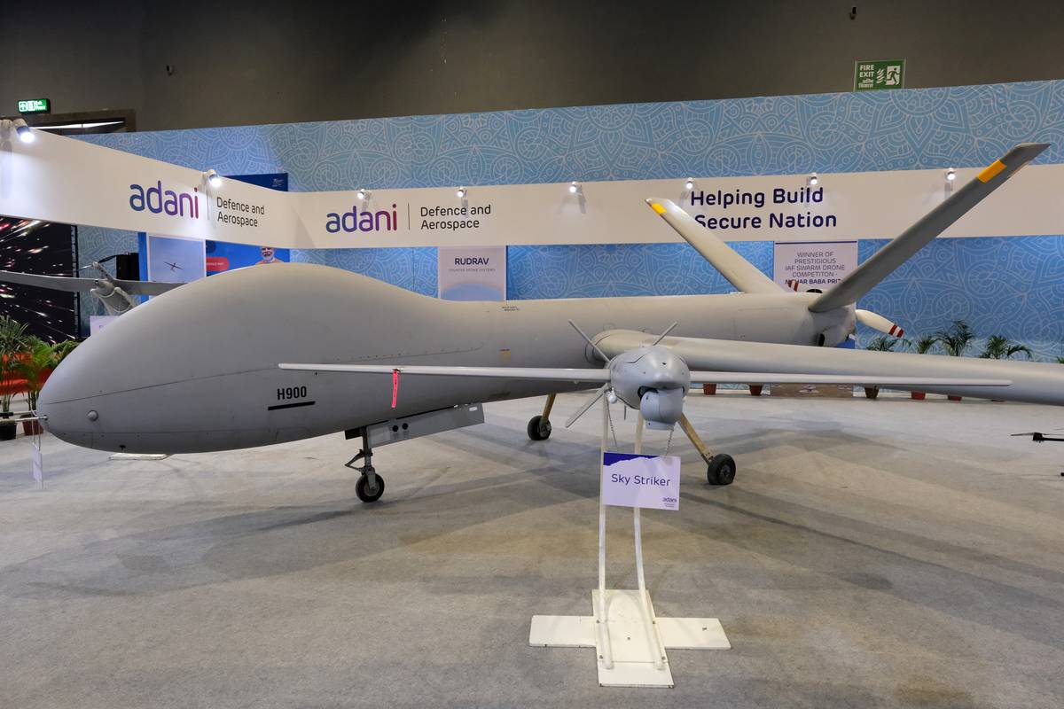 Adani Defence and Aerospace's Hermes 900 at Pragati Maidan in New Delhi, India. [Photographer: T. Narayan/Bloomberg via Getty Images]