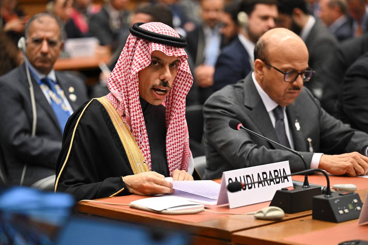Saudi Arabia Foreign Minister Prince Faisal bin Farhan al-Saud delivers a speech during a meeeting on the situation in Gaza Strip on the sidelines of a ceremony marking the 75th anniversary of the Universal Declaration of Human Rights, at the United Nations Offices, in Geneva, on December 12, 2023. [FABRICE COFFRINI/AFP via Getty Images]