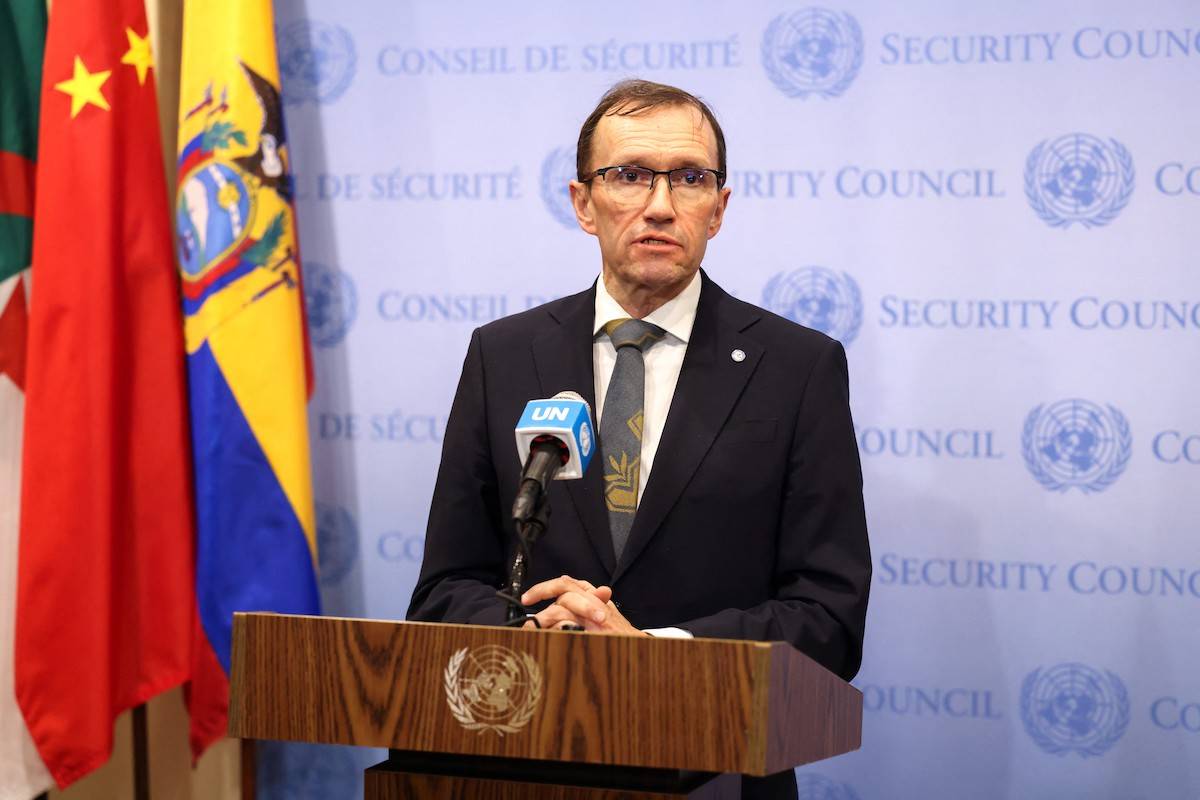Norwegian Foreign Minister Espen Barth Eide speaks to the press at UN headquarters in New York on January 23, 2024. [CHARLY TRIBALLEAU/AFP via Getty Images]