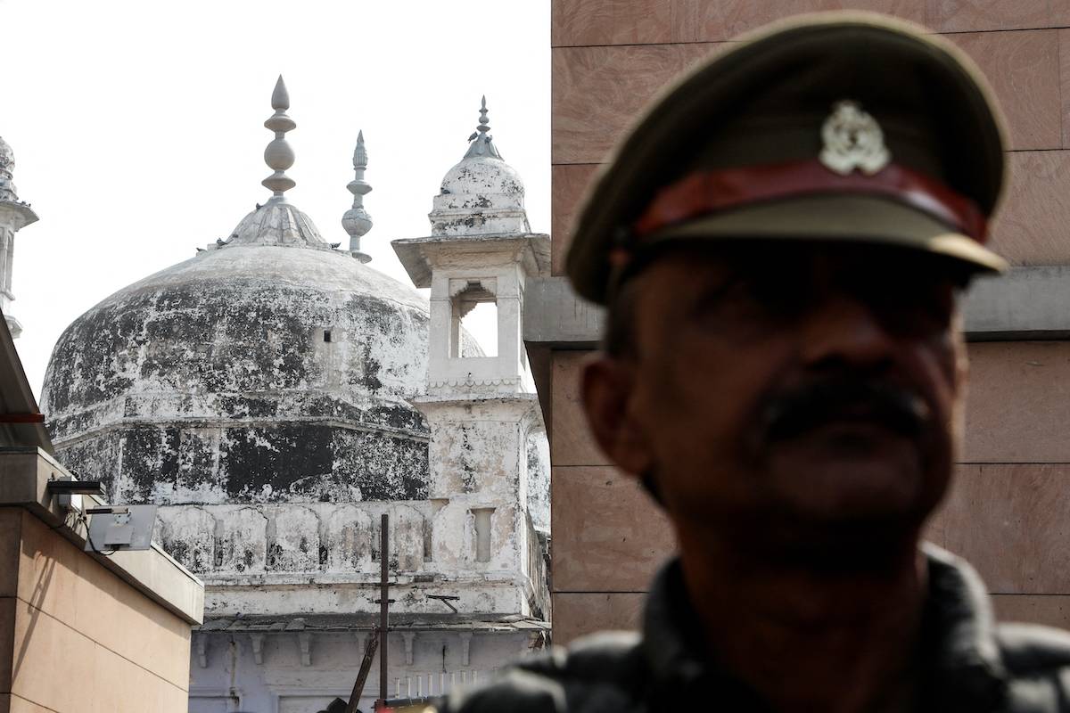 A police personnel stands guard near the Gyanvapi mosque in Varanasi on February 01, 2024. [NIHARIKA KULKARNI/AFP via Getty Images]