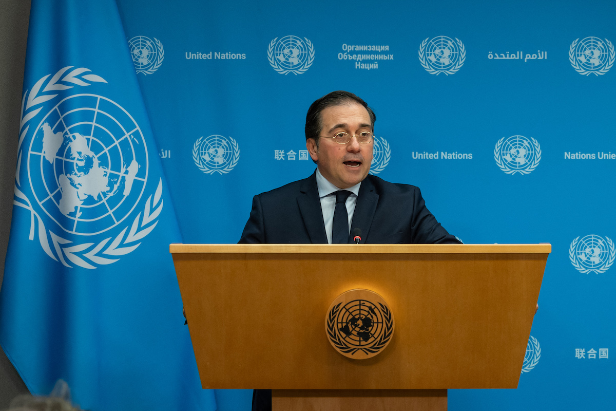 Spain's Minister of Foreign Affairs Jose Manuel Albares speaks during a press conference at UN Headquarters in New York City on February 23, 2024. [YUKI IWAMURA/AFP via Getty Images]