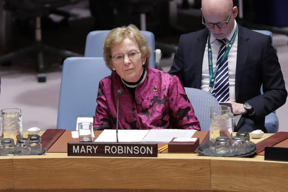 Mary Robinson, Chair of The Elders during the Security Council meeting on maintenance of international peace and security and upholding the United Nations Charter at the UN Headquarters in New York, January 9, 2020 [EuropaNewswire/Gado/Getty Images]