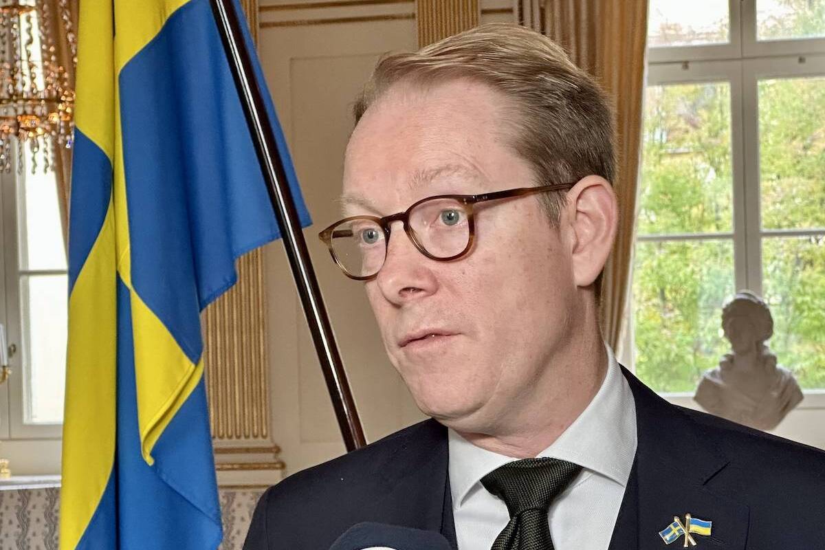 Swedish Foreign Minister Tobias Billstrom gives a speech in Stockholms, Sweden on October 11, 2023. [Atila Altuntaş - Anadolu Agency]