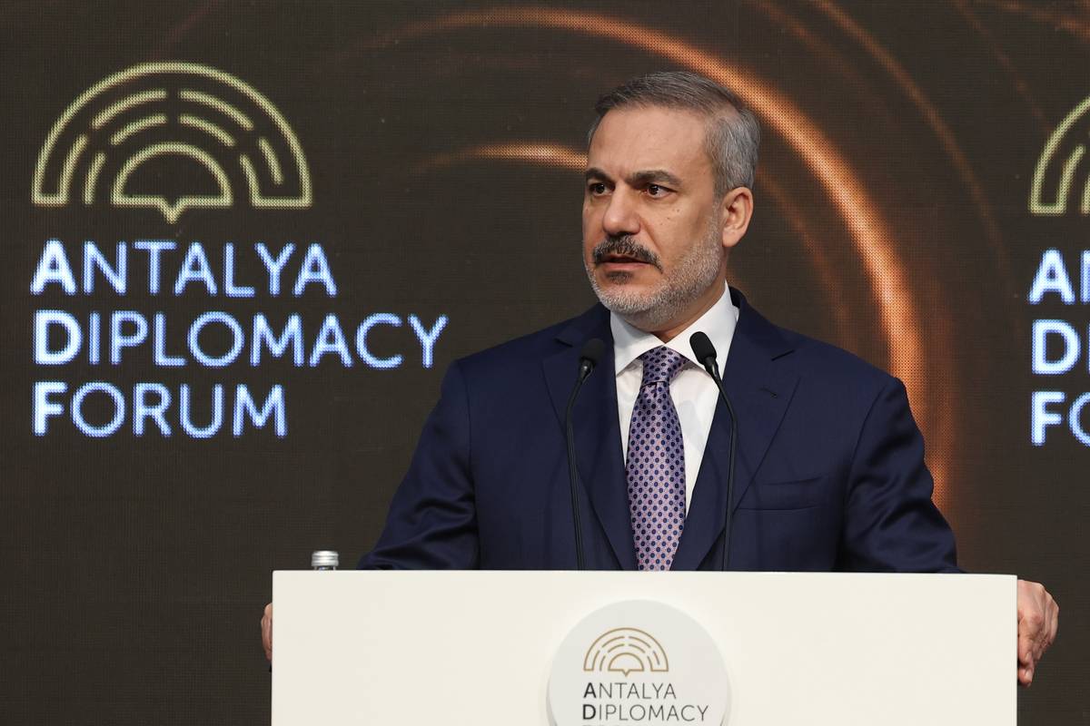 Turkish Foreign Minister Hakan Fidan speaks on the stage during the closing ceremony of the Antalya Diplomacy Forum (ADF) at the NEST Congress and Exhibition Centre in Antalya, Turkiye on March 03, 2024. [Arda Küçükkaya - Anadolu Agency]