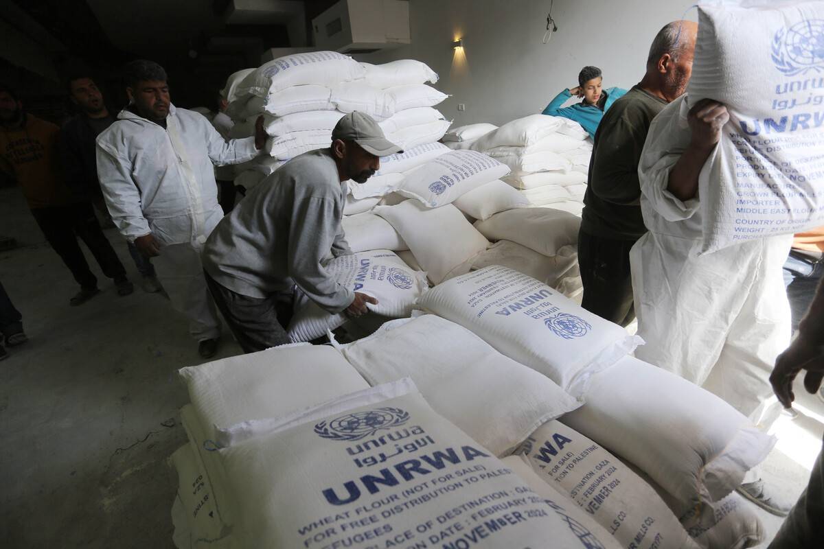Palestinians flock to receive flour distributed by The United Nations Relief and Works Agency for Palestinian Refugees in the Near East (UNRWA) in Gaza, where there is a food crisis due to Israeli attacks on March 03, 2024. [Ashraf Amra - Anadolu Agency]