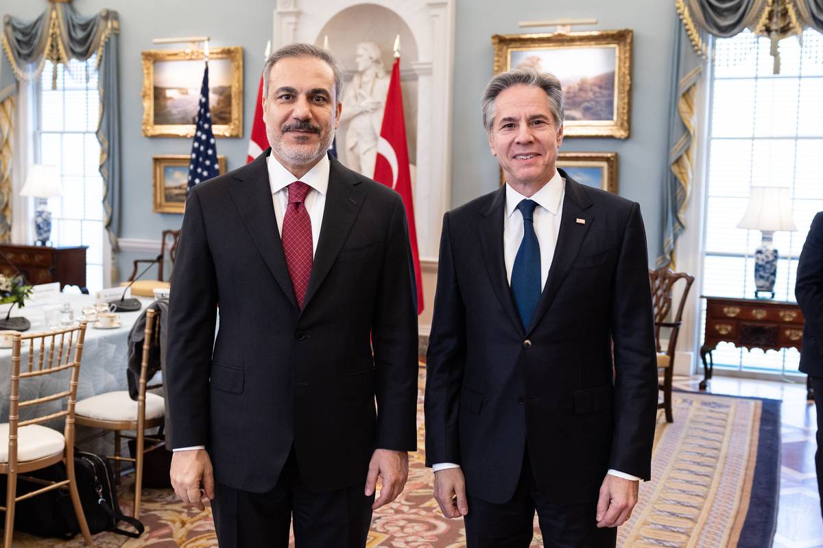 Turkish Foreign Minister Hakan Fidan (L) meets with US Secretary of State Antony Blinken (R) at State Department for bilateral talks in Washington DC, United States on March 08, 2024. [Murat Gök - Anadolu Agency]