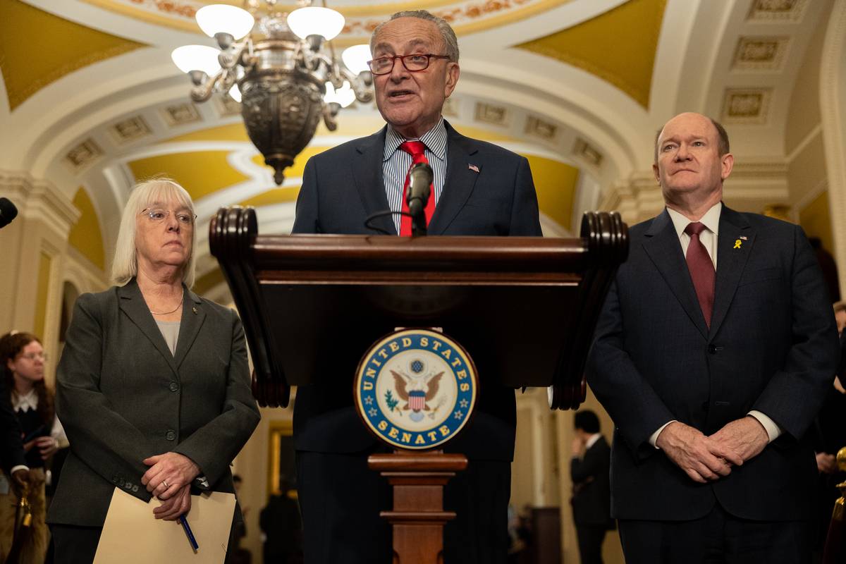 Senate Majority Leader Chuck Schumer (D-NY) speaks to the press alongside other members of Senate Democratic leadership during a press conference following weekly policy luncheons on March 12, 2024 in Washington, DC. [Nathan Posner - Anadolu Agency]