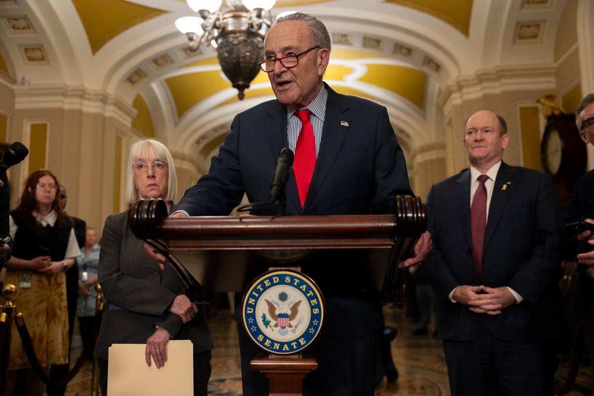 Senate Majority Leader Chuck Schumer (D-NY) speaks to the press alongside other members of Senate Democratic leadership during a press conference following weekly policy luncheons on March 12, 2024 in Washington, DC. [Nathan Posner - Anadolu Agency]