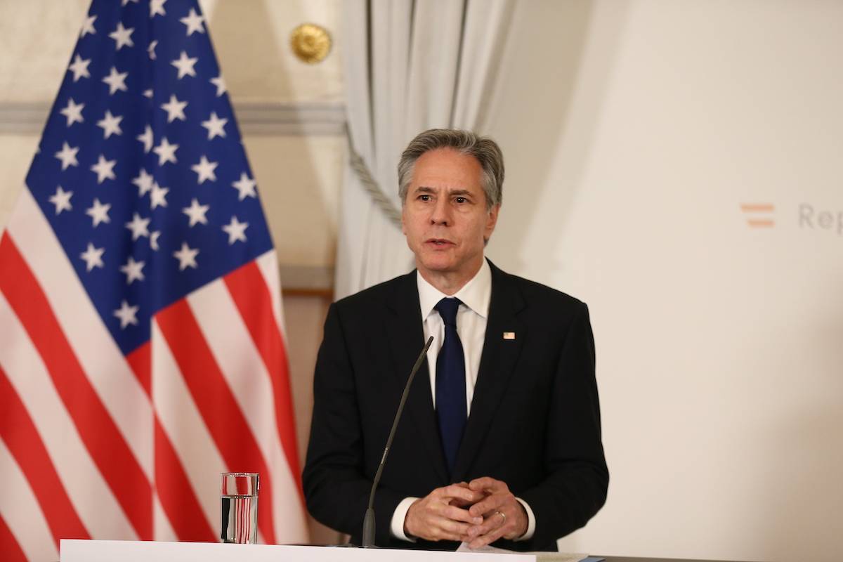 United States Secretary of State Antony Blinken gives a speech in Vienna, Austria on March 15, 2024. [Aşkın Kıyağan - Anadolu Agency]