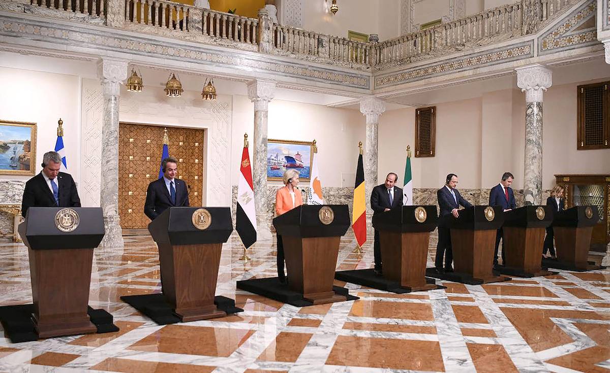 (L to R) Austrian Chancellor Karl Nehammer, Greek Prime Minister Kyriakos Mitsotakis, President of the European Commission Ursula von der Leyen, Egyptian President Abdel Fattah al-Sisi, Nicos Christodoulides, Belgian Prime Minister Alexander De Croo and Italian Prime Minister Giorgia Meloni attend Egypt-European Union (EU) summit in Cairo, Egypt on March 17, 2024. [Egyptian Presidency - Handout - Anadolu Agency]