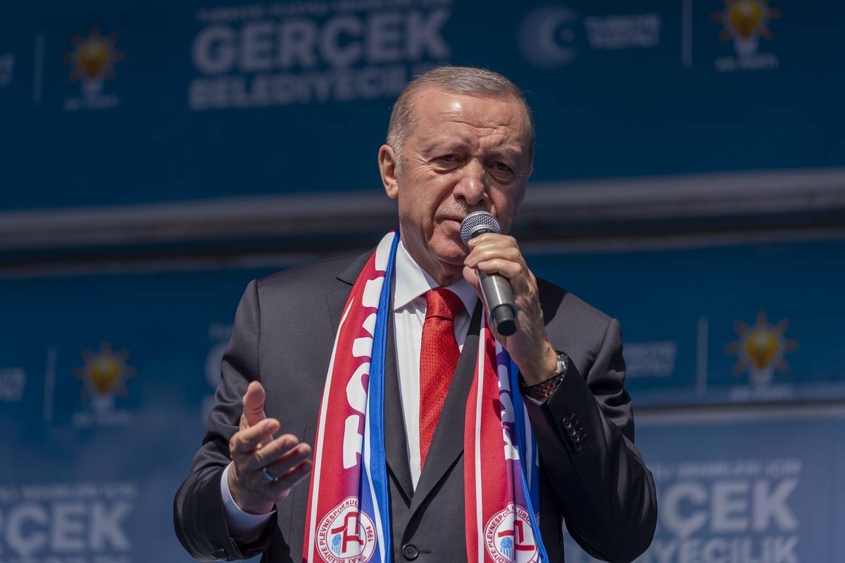 Turkish President and leader of Justice and Development (AK) Party Recep Tayyip Erdogan gives a speech in Tokat, Turkiye on March 25, 2024. [Emin Sansar - Anadolu Agency]