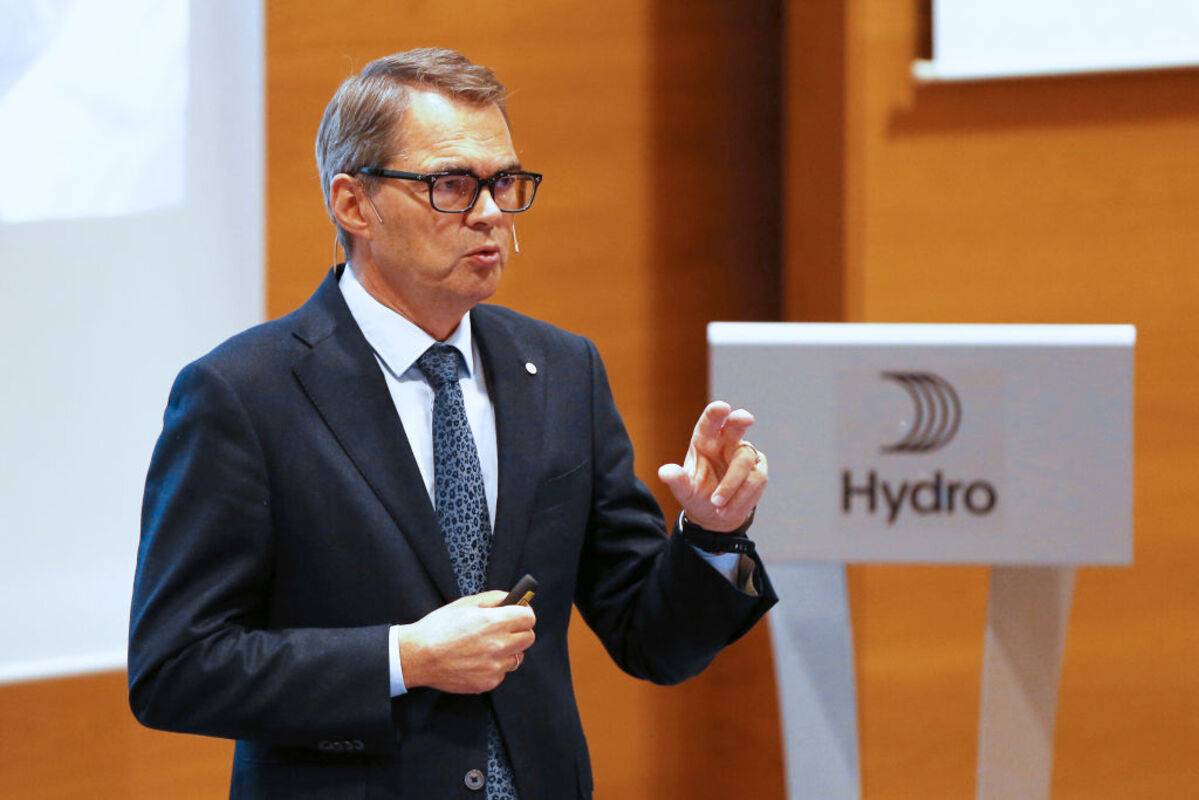 The CEO of Norwegian aluminium group Hydro, Svein Richard Brandtzaeg, presents the company's third quarter results during a news conference at Hydro's main office in Oslo, Norway [FREDRIK HAGEN/AFP via Getty Images]