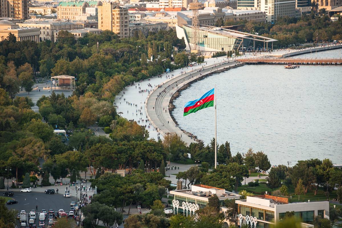 A zoomed in view of the waterfront promenade running along the shores of the Caspian Sea, Baku, Azerbaijan. [ Photo via Getty Images]