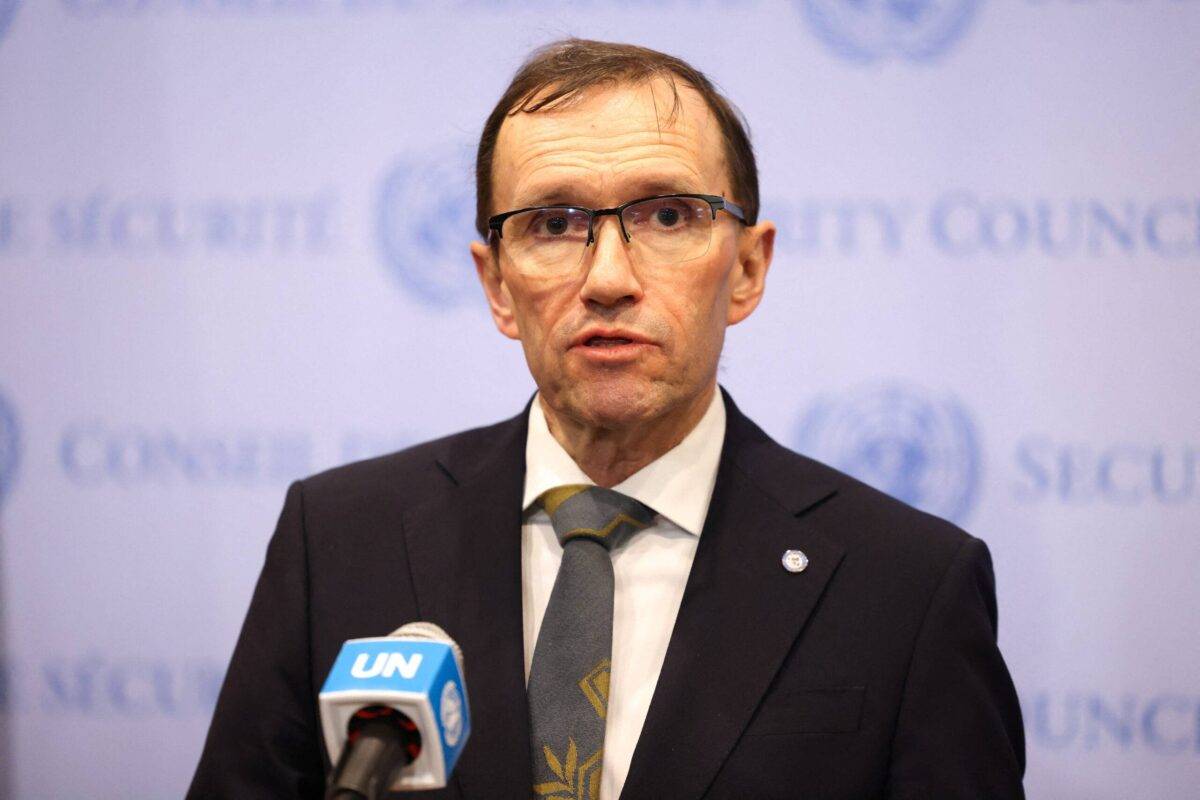 Norwegian Foreign Minister Espen Barth Eide speaks to the press at UN headquarters in New York on January 23, 2024. [Photo by CHARLY TRIBALLEAU/AFP via Getty Images]