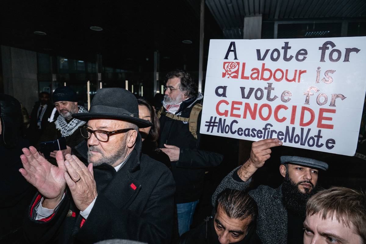 George Galloway arrives at a protest on the war in Gaza March 6, 2024 in London, England. [Photo by Guy Smallman/Getty Images]