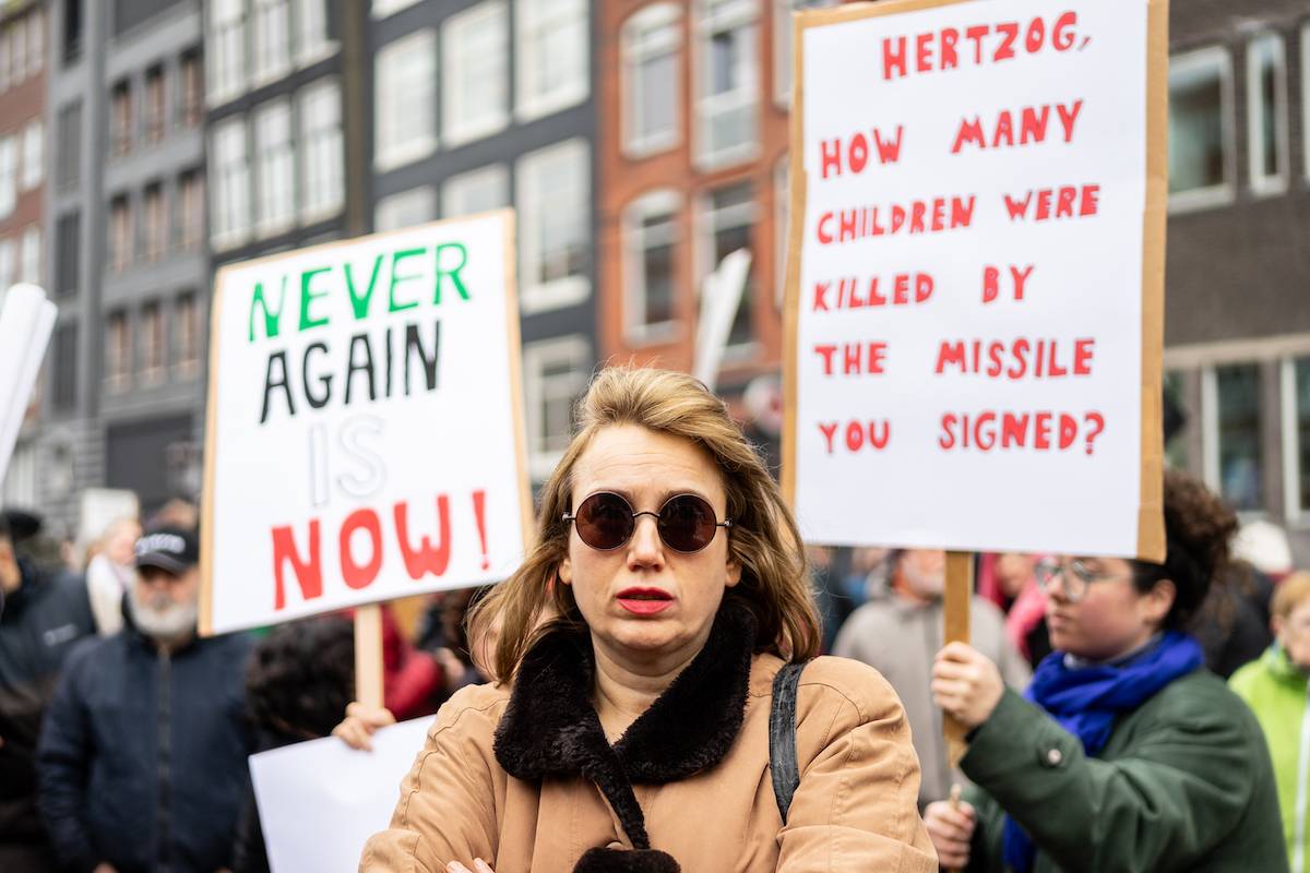 Pro-Palestine protesters are gathering at Waterlooplein, in Amsterdam, Netherlands, on March 10, 2024.[Oscar Brak/NurPhoto via Getty Images]