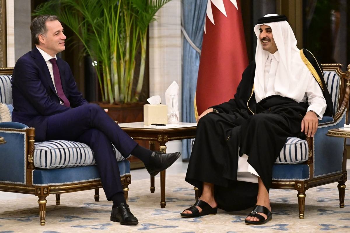 Prime Minister Alexander De Croo and Qatar Emir Tamim Bin Hamad Al-Thani pictured during a mission of the Belgian Prime Minister, Saturday 16 March 2024 in Doha, Qatar. [Photo by DIRK WAEM/BELGA MAG/AFP via Getty Images]