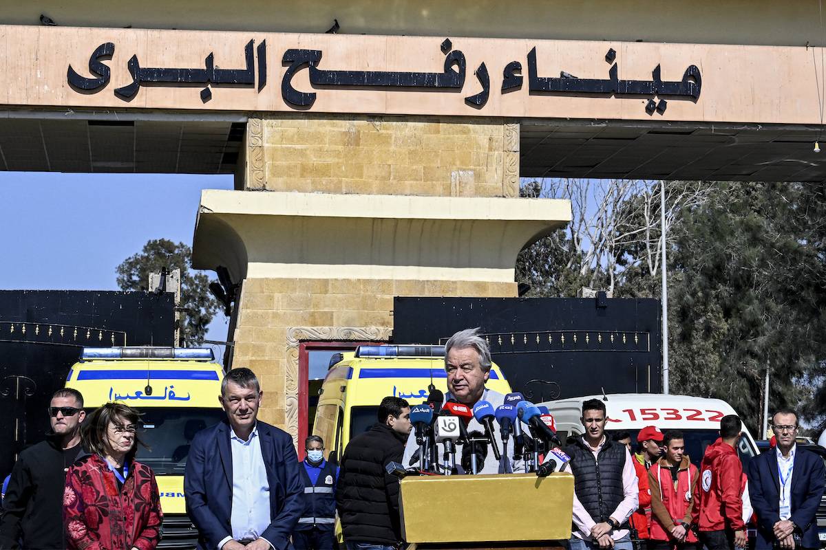 United Nations Secretary-General Antonio Guterres speaks to the media outside the Egyptian side of the Rafah border crossing with the Gaza Strip on March 23, 2024 [KHALED DESOUKI/AFP via Getty Images]
