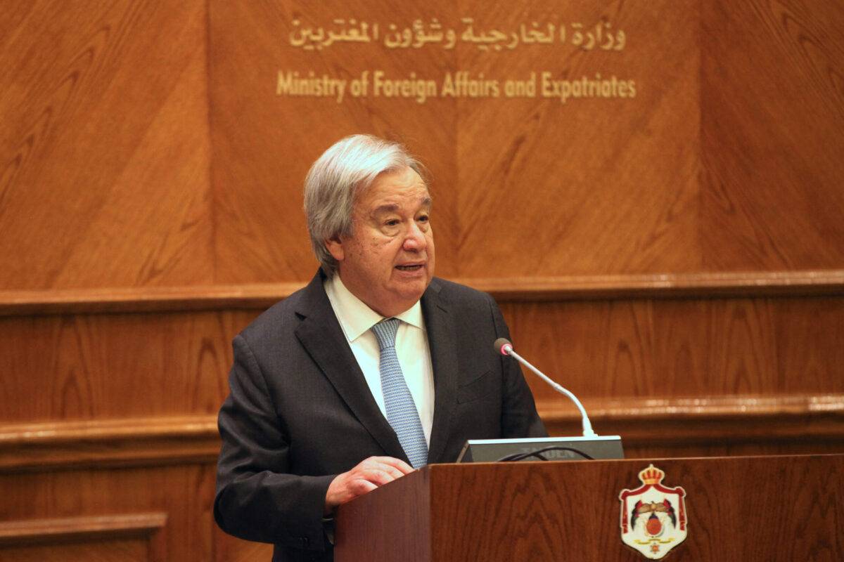 United Nations Secretary-General Antonio Guterres speaks to the press at the Foreign Ministry in Amman, on March 25, 2024 [MOHAMMAD HANNON/AFP via Getty Images]