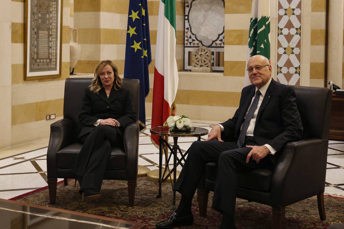 Lebanon's caretaker Prime Minister Najib Mikati (R) meets with his Italian counterpart Giorgia Meloni at the Government Palace in Beirut on March 27, 2024. [Photo by ANWAR AMRO/AFP via Getty Images]