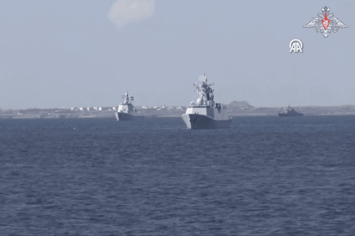 The navies of Russia, China and Iran hold a joint naval exercise near the Gulf of Oman, on 12 March 2024 [Screengrab/ Russian Defence Ministry/Anadolu Agency]