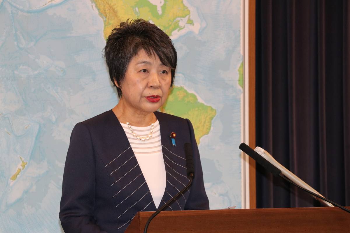 Japanese Foreign Minister Yoko Kamikawa speaks during a press conference as she announced to resume funding to the UN agency for refugees in Palestine, or the UNRWA, Kyodo news agency reported, in Tokyo, Japan on April 2, 2024. [Ahmet Furkan Mercan - Anadolu Agency]