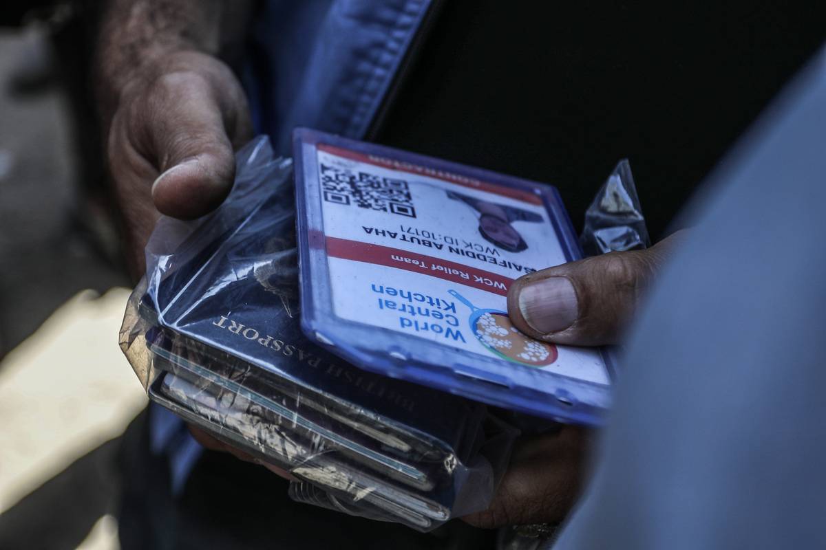 A view of the ID cards belonging to volunteers of the US-based international volunteer aid organization World Central Kitchen (WCK) who were killed in an Israeli attack on a vehicle belonging to WCK in Rafah, Gaza on April 03, 2024. [Abed Rahim Khatib - Anadolu Agency]